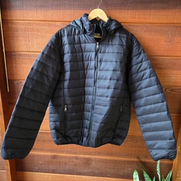 NWT RUXEN Men's Puffer Jacket Sz XL Black Hooded Lightweight Quilted Winter Coat